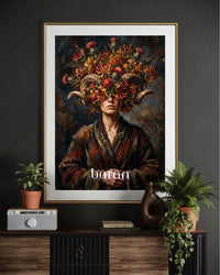 Plakat astrologiczny Baran z serii Floral Mystic — chryzantemy i oset w stylu malarstwa olejnego. Zodii Polska.