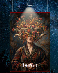 Plakat astrologiczny Baran z serii Floral Mystic — chryzantemy i oset w stylu malarstwa olejnego. Zodii Polska.