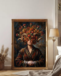 Plakat astrologiczny Baran z serii Floral Mystic — chryzantemy i oset w stylu malarstwa olejnego. Zodii Polska.
