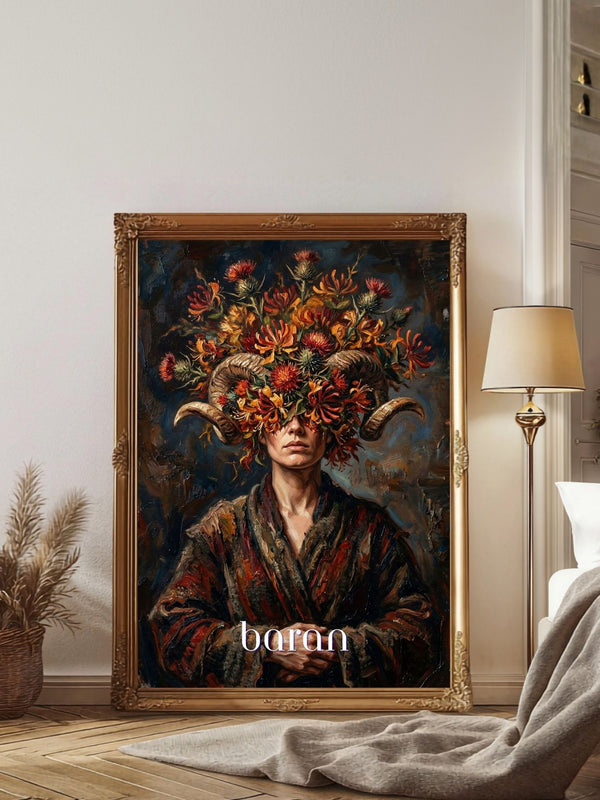 Plakat astrologiczny Baran z serii Floral Mystic — chryzantemy i oset w stylu malarstwa olejnego. Zodii Polska.