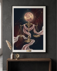 plakat astrologiczny waga, elegancki modern mystic, dark academia vibe, zodii