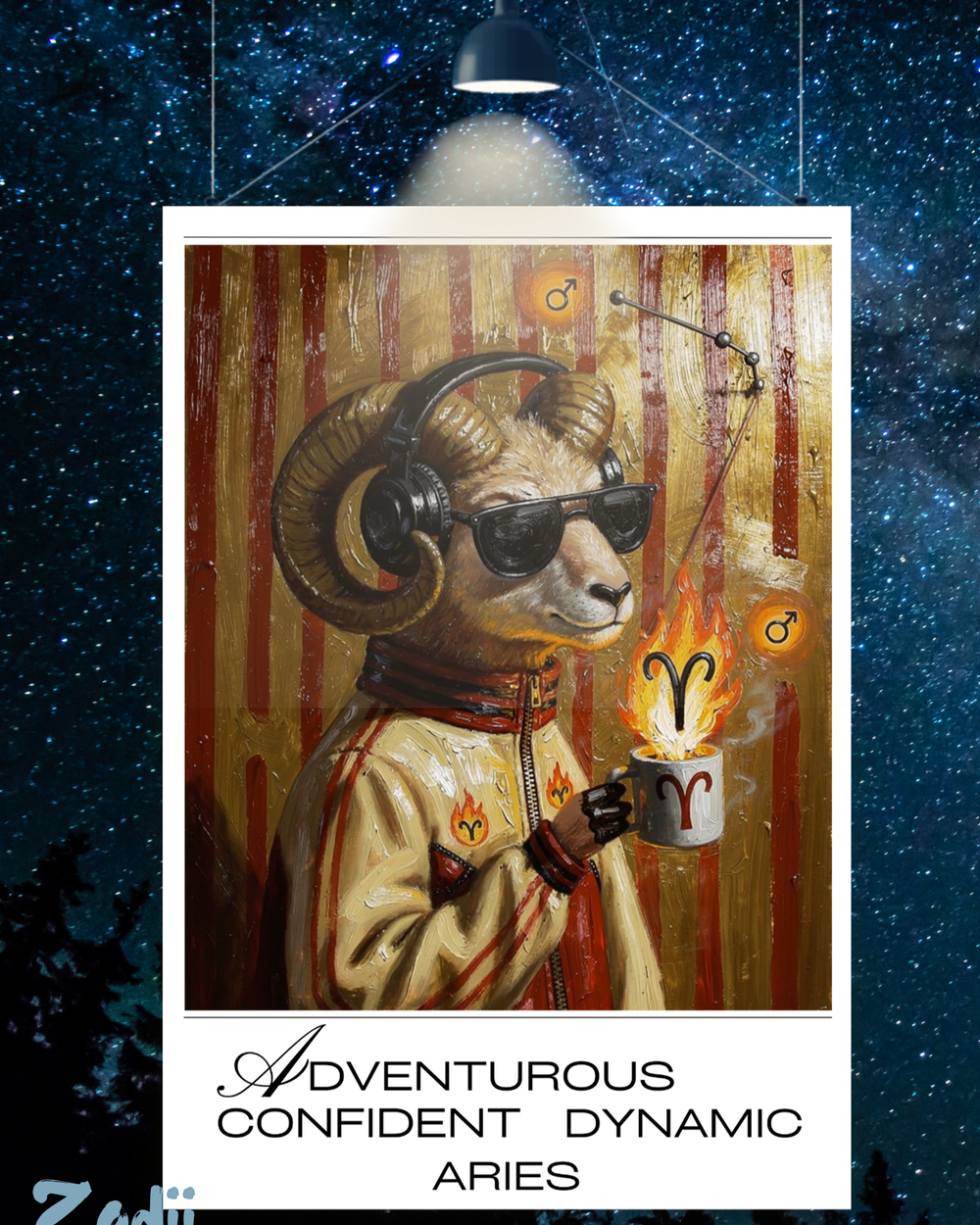 Plakat astrologiczny Baran z serii Modern Mystic — portret znaku w stylu malarstwa olejnego. Druk Fine Art 300g, obiekt kolekcjonerski. Zodii Polska.
