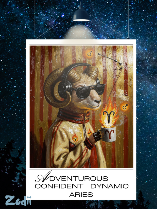 Plakat astrologiczny Baran z serii Modern Mystic — portret znaku w stylu malarstwa olejnego. Druk Fine Art 300g, obiekt kolekcjonerski. Zodii Polska.