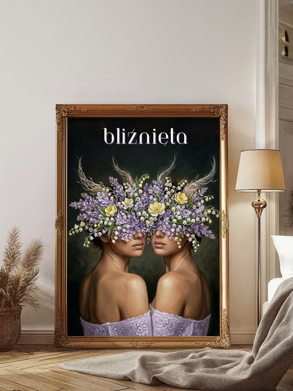Plakat astrologiczny Bliźnięta z serii Floral Mystic — bez i konwalia, dwie twarze w stylu malarstwa olejnego. Zodii Polska.