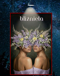 Plakat astrologiczny Bliźnięta z serii Floral Mystic — bez i konwalia, dwie twarze w stylu malarstwa olejnego. Zodii Polska.
