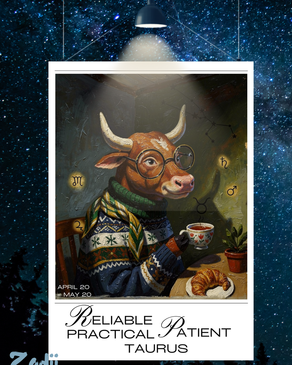 Plakat astrologiczny Byk z serii Modern Mystic — portret znaku w stylu malarstwa olejnego. Druk Fine Art 300g, obiekt kolekcjonerski. Zodii Polska.