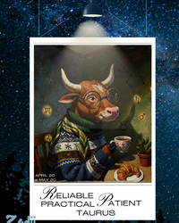 Plakat astrologiczny Byk z serii Modern Mystic — portret znaku w stylu malarstwa olejnego. Druk Fine Art 300g, obiekt kolekcjonerski. Zodii Polska.