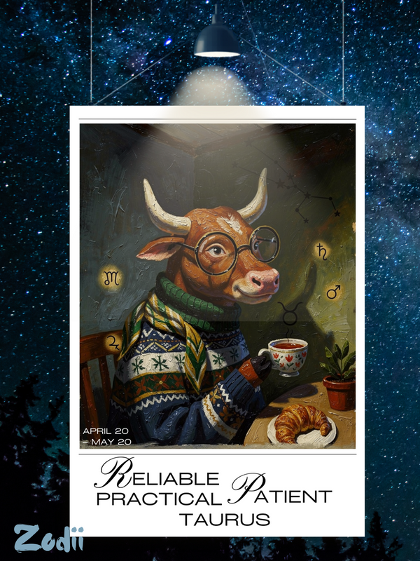 Plakat astrologiczny Byk z serii Modern Mystic — portret znaku w stylu malarstwa olejnego. Druk Fine Art 300g, obiekt kolekcjonerski. Zodii Polska.