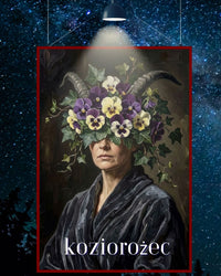 Plakat astrologiczny Koziorożec z serii Floral Mystic — bratki i bluszcz w stylu malarstwa olejnego. Zodii Polska.