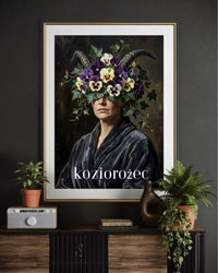 Plakat astrologiczny Koziorożec z serii Floral Mystic — bratki i bluszcz w stylu malarstwa olejnego. Zodii Polska.