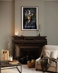 Plakat astrologiczny Koziorożec z serii Floral Mystic — bratki i bluszcz w stylu malarstwa olejnego. Zodii Polska.