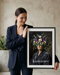 Plakat astrologiczny Koziorożec z serii Floral Mystic — bratki i bluszcz w stylu malarstwa olejnego. Zodii Polska.