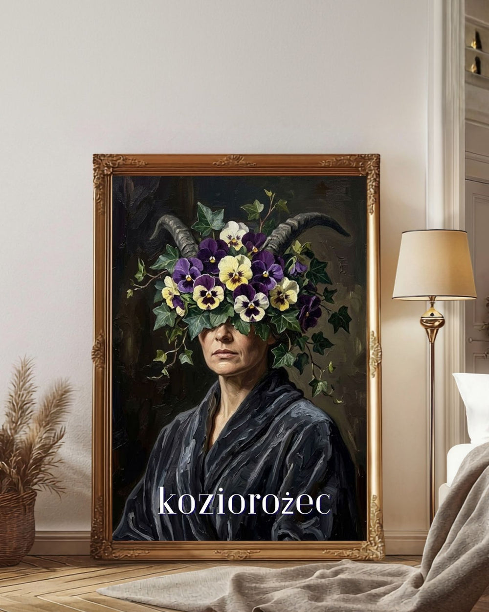 Plakat astrologiczny Koziorożec z serii Floral Mystic — bratki i bluszcz w stylu malarstwa olejnego. Zodii Polska.