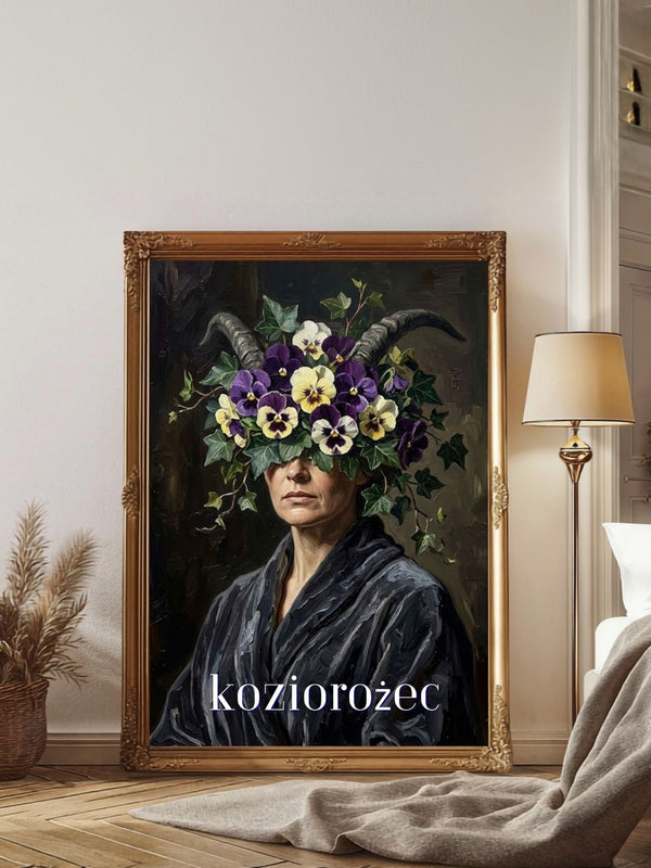 Plakat astrologiczny Koziorożec z serii Floral Mystic — bratki i bluszcz w stylu malarstwa olejnego. Zodii Polska.