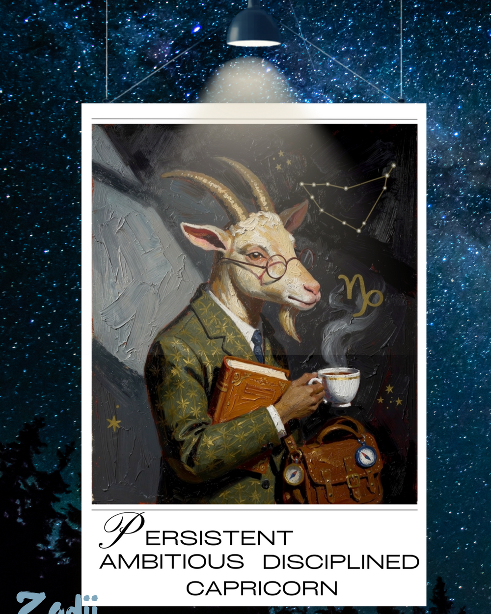 Plakat astrologiczny Koziorożec z serii Modern Mystic — portret znaku w stylu malarstwa olejnego. Druk Fine Art 300g, obiekt kolekcjonerski. Zodii Polska
