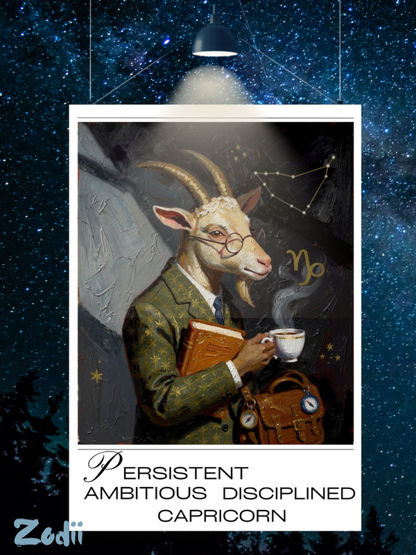 Plakat astrologiczny Koziorożec z serii Modern Mystic — portret znaku w stylu malarstwa olejnego. Druk Fine Art 300g, obiekt kolekcjonerski. Zodii Polska