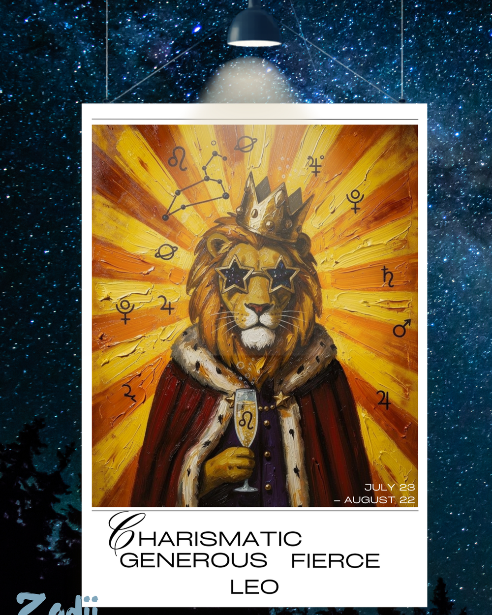 Plakat astrologiczny Lew z serii Modern Mystic — portret królewskiego znaku w stylu malarstwa olejnego.  Zodii Polska.