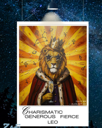 Plakat astrologiczny Lew z serii Modern Mystic — portret królewskiego znaku w stylu malarstwa olejnego.  Zodii Polska.