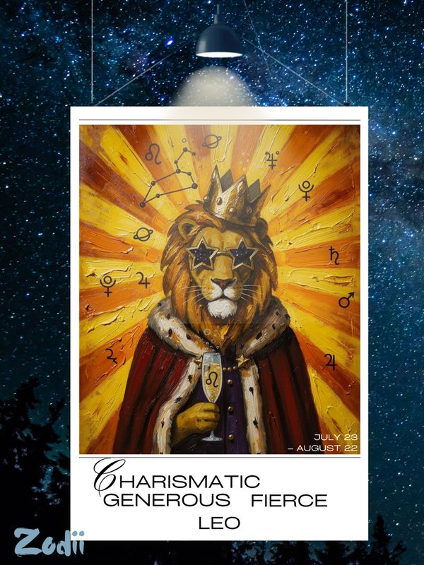Plakat astrologiczny Lew z serii Modern Mystic — portret królewskiego znaku w stylu malarstwa olejnego.  Zodii Polska.