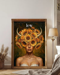 Plakat astrologiczny Lew z serii Floral Mystic — słoneczniki i złote rogi w stylu malarstwa olejnego. Zodii Polska.
