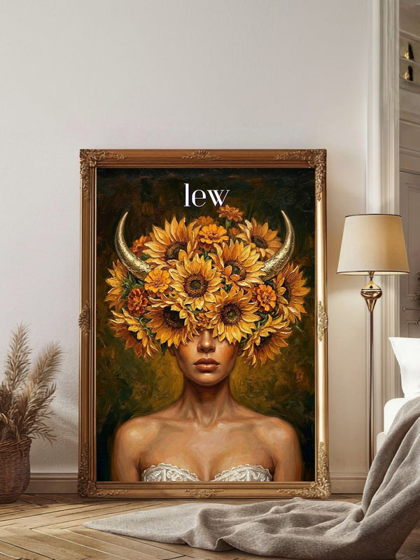Plakat astrologiczny Lew z serii Floral Mystic — słoneczniki i złote rogi w stylu malarstwa olejnego. Zodii Polska.
