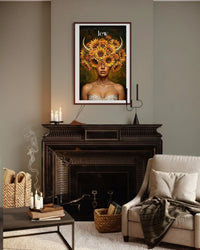 Plakat astrologiczny Lew z serii Floral Mystic — słoneczniki i złote rogi w stylu malarstwa olejnego. Zodii Polska.
