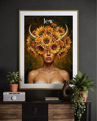 Plakat astrologiczny Lew z serii Floral Mystic — słoneczniki i złote rogi w stylu malarstwa olejnego. Zodii Polska.
