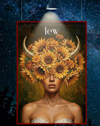Plakat astrologiczny Lew z serii Floral Mystic — słoneczniki i złote rogi w stylu malarstwa olejnego. Zodii Polska.
