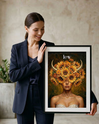 Plakat astrologiczny Lew z serii Floral Mystic — słoneczniki i złote rogi w stylu malarstwa olejnego. Zodii Polska.
