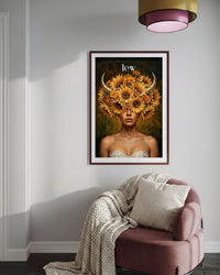 Plakat astrologiczny Lew z serii Floral Mystic — słoneczniki i złote rogi w stylu malarstwa olejnego. Zodii Polska.
