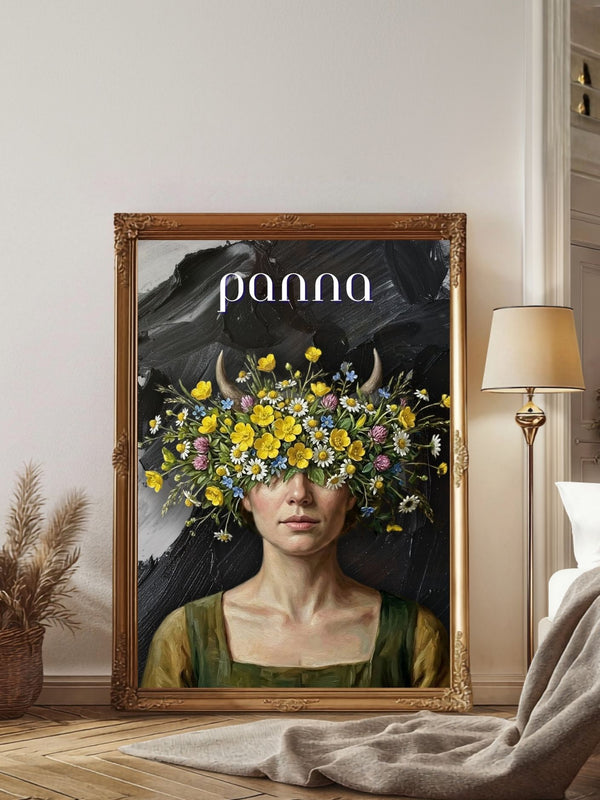 Plakat astrologiczny Panna z serii Floral Mystic — jaskry i stokrotki w stylu malarstwa olejnego. Zodii Polska.
