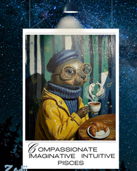 Plakat astrologiczny Ryby z serii Modern Mystic — portret znaku w stylu malarstwa olejnego. Druk Fine Art 300g, obiekt kolekcjonerski. Zodii Polska.