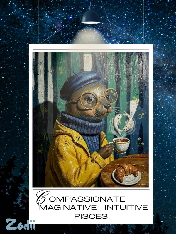 Plakat astrologiczny Ryby z serii Modern Mystic — portret znaku w stylu malarstwa olejnego. Druk Fine Art 300g, obiekt kolekcjonerski. Zodii Polska.