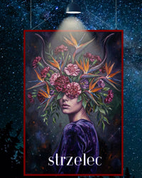 Plakat astrologiczny Strzelec z serii Floral Mystic — rajskie ptaki i goździki, kosmiczne tło, malarstwo olejne. Zodii Polska.