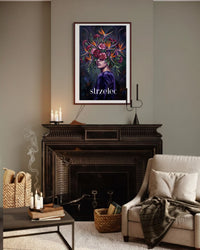 Plakat astrologiczny Strzelec z serii Floral Mystic — rajskie ptaki i goździki, kosmiczne tło, malarstwo olejne. Zodii Polska.