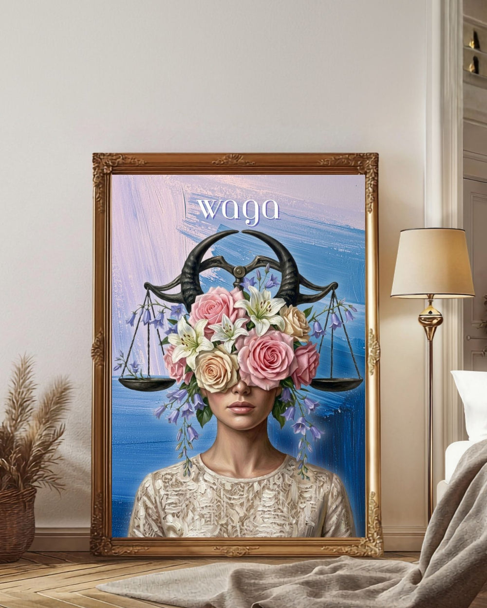 Plakat astrologiczny Waga z serii Floral Mystic — różowe róże i lilie z wagą w stylu malarstwa olejnego. Zodii Polska.
