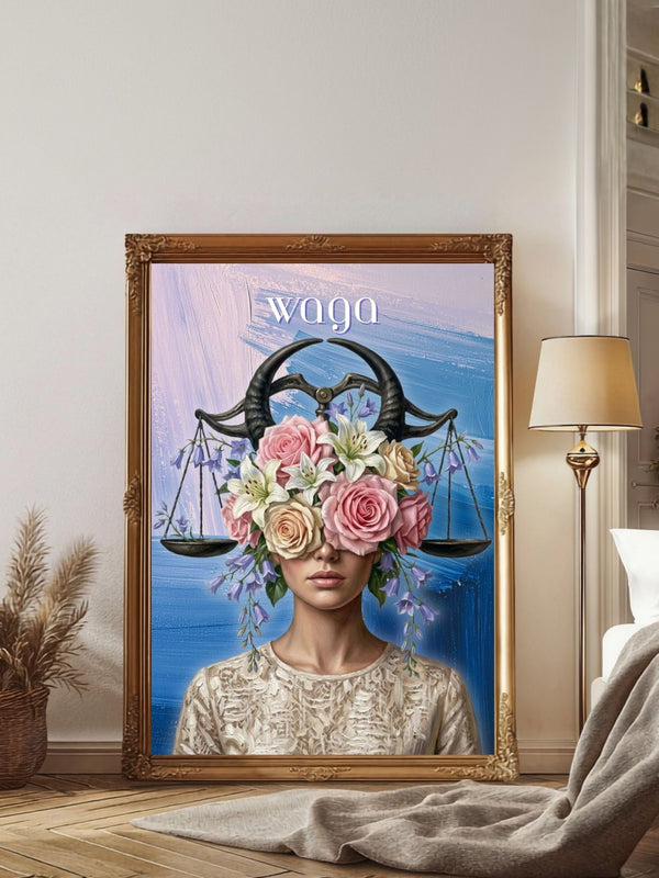 Plakat astrologiczny Waga z serii Floral Mystic — różowe róże i lilie z wagą w stylu malarstwa olejnego. Zodii Polska.

