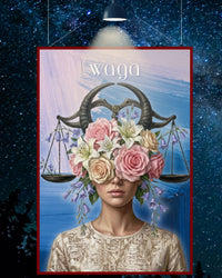 Plakat astrologiczny Waga z serii Floral Mystic — różowe róże i lilie z wagą w stylu malarstwa olejnego. Zodii Polska.

