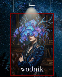 Plakat astrologiczny Wodnik z serii Floral Mystic — niebieskie orchidee, biblioteka, malarstwo olejne. Zodii Polska.
