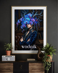 Plakat astrologiczny Wodnik z serii Floral Mystic — niebieskie orchidee, biblioteka, malarstwo olejne. Zodii Polska.
