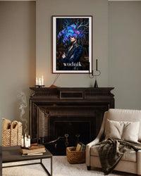 Plakat astrologiczny Wodnik z serii Floral Mystic — niebieskie orchidee, biblioteka, malarstwo olejne. Zodii Polska.
