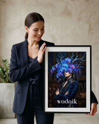 Plakat astrologiczny Wodnik z serii Floral Mystic — niebieskie orchidee, biblioteka, malarstwo olejne. Zodii Polska.
