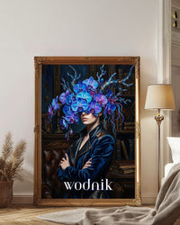 Plakat astrologiczny Wodnik z serii Floral Mystic — niebieskie orchidee, biblioteka, malarstwo olejne. Zodii Polska.
