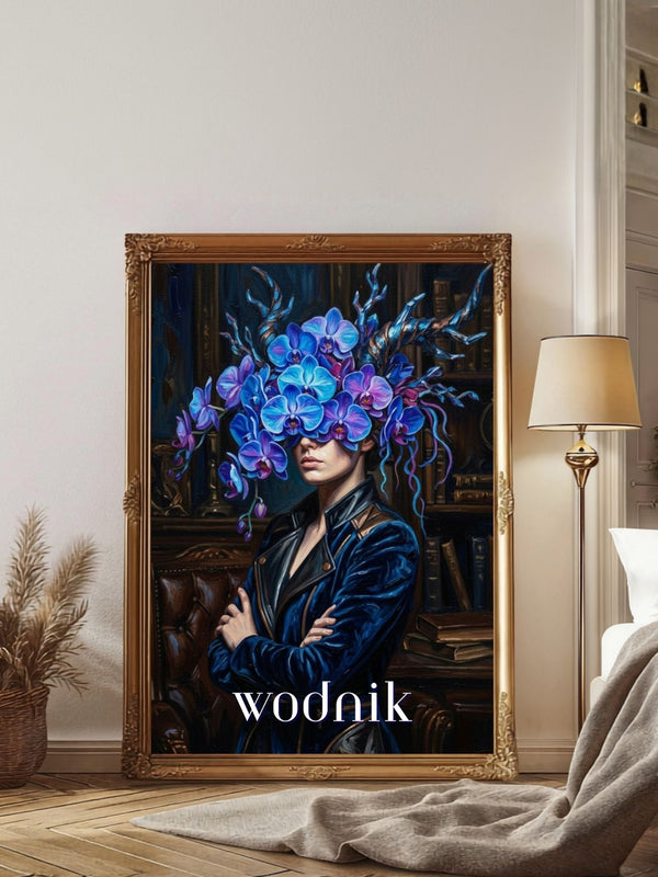 Plakat astrologiczny Wodnik z serii Floral Mystic — niebieskie orchidee, biblioteka, malarstwo olejne. Zodii Polska.
