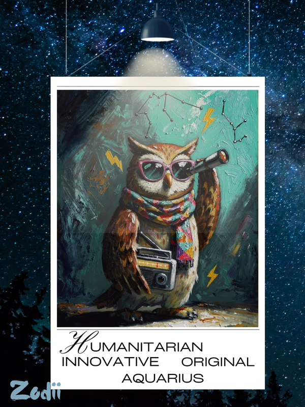 Plakat astrologiczny Wodnik z serii Modern Mystic — portret znaku w stylu malarstwa olejnego. Druk Fine Art 300g, obiekt kolekcjonerski. Zodii Polska.