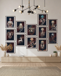 Nowoczesne wnętrze z plakatami Zodii z serii modern mystic