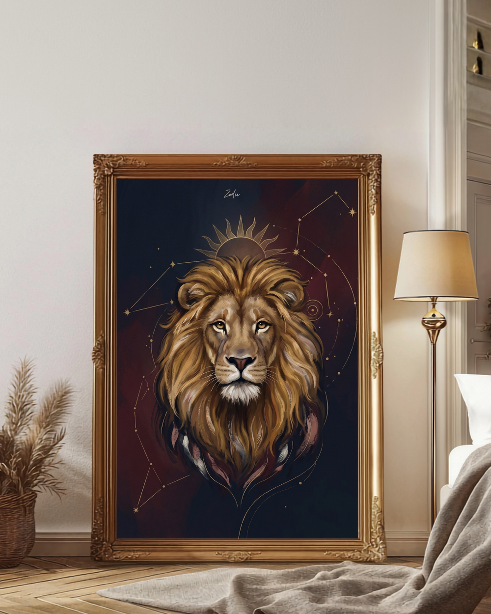 Plakat astrologiczny Lew znak zodiaku z kolekcji Modern Mystic. Premium druk na papierze muzealnym 210g/m2. Idealny prezent urodzinowy dla Lwa. Dostepny w A4, A3, A2.