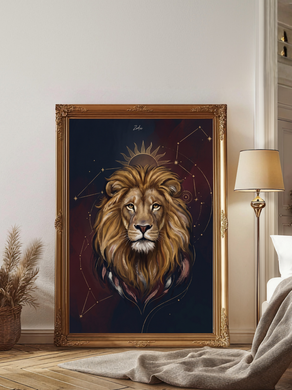 Plakat astrologiczny Lew znak zodiaku z kolekcji Modern Mystic. Premium druk na papierze muzealnym 210g/m2. Idealny prezent urodzinowy dla Lwa. Dostepny w A4, A3, A2.